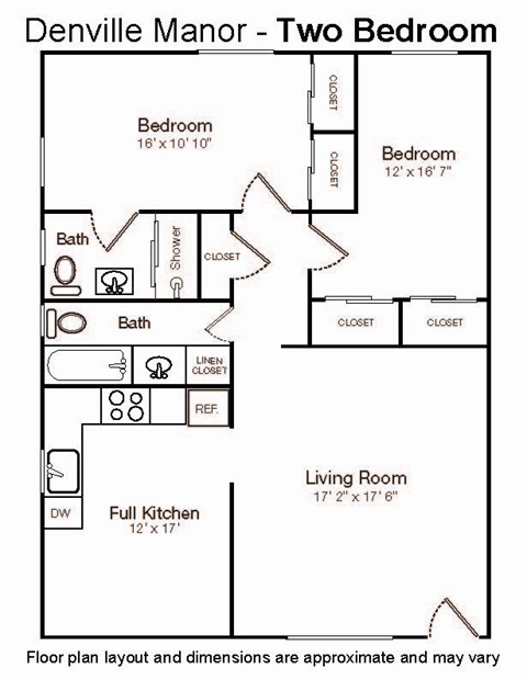 Floor plan for 2 beds, 2 baths